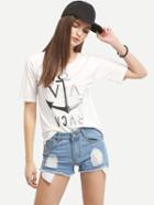 Romwe Cream Anchor Print Round Neck T-shirt