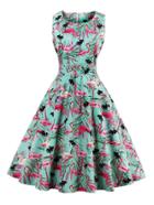 Romwe All Over Flamingo Print Bow Tie Back Circle Dress