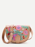 Romwe Khaki Flower Embroidery Pu Saddle Bag