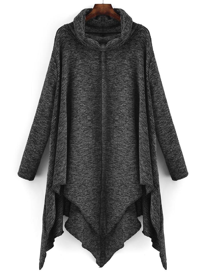 Romwe Turtleneck High Low Black Sweater
