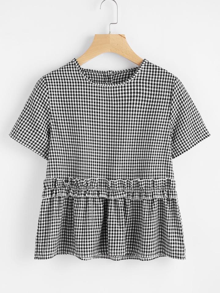 Romwe Gingham Frill Trim Blouse