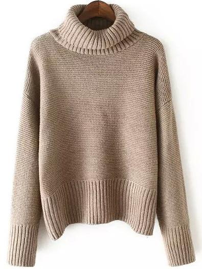 Romwe Turtleneck Dropped Shoulder Seam Pale Khaki Jumper