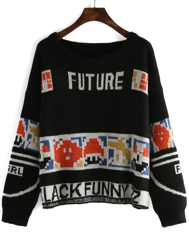Romwe Letter Print Loose Black Sweater