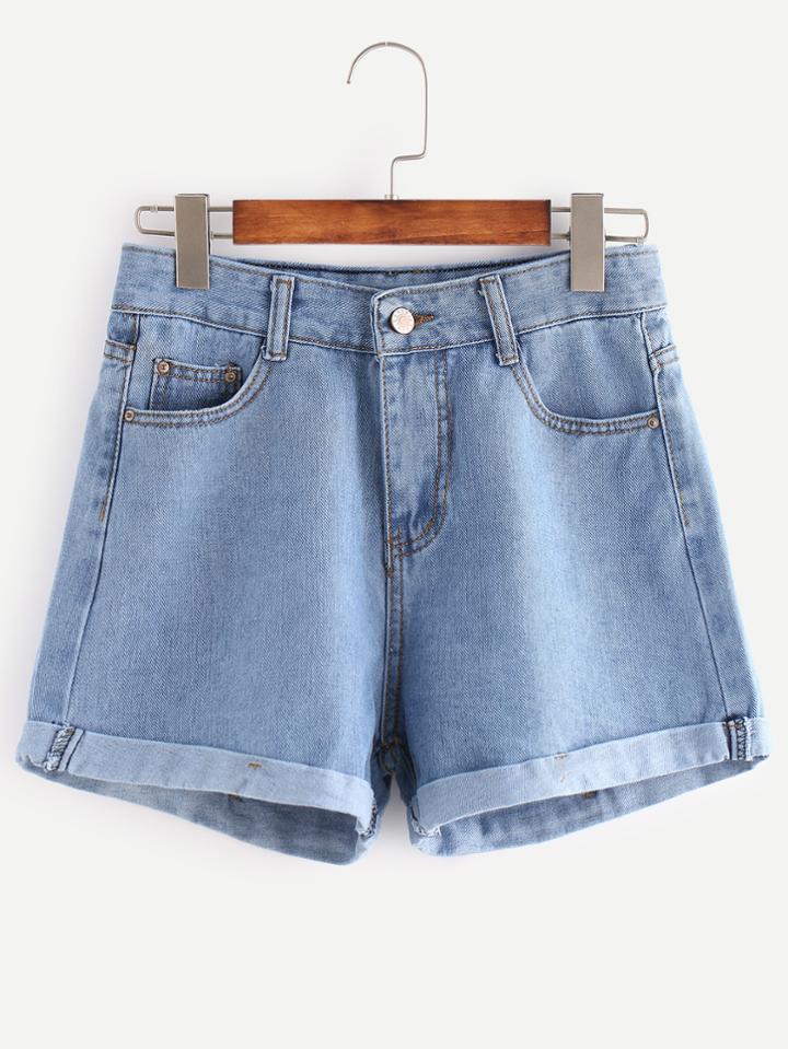Romwe Light Blue Cuffed Denim Shorts