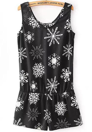 Romwe Black Sleeveless Snowflake Print Slim Jumpsuit