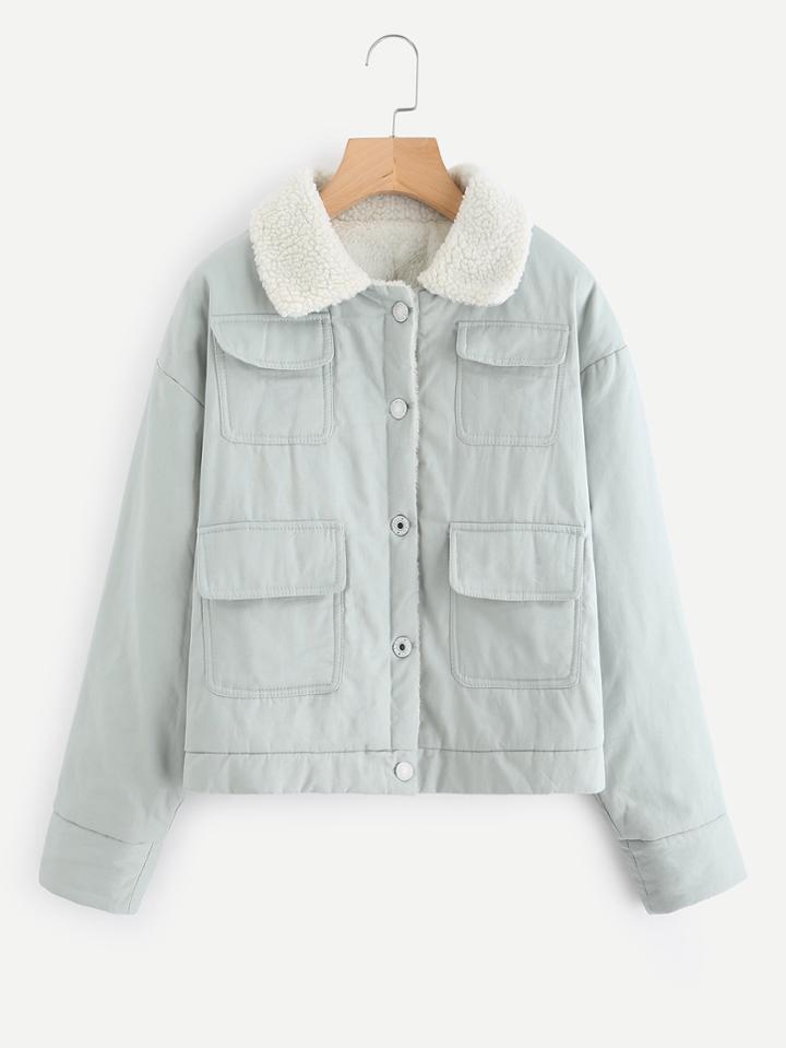 Romwe Sherpa Lined Single Breasted Jacket