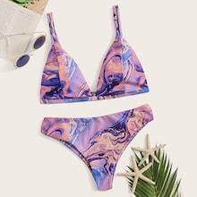 Romwe Random Watercolor Print  Triangle Bikini Set