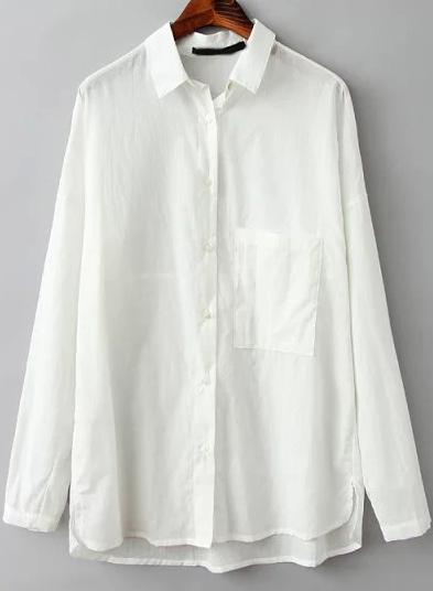 Romwe White Lapel Pocket Dip Hem Loose Blouse