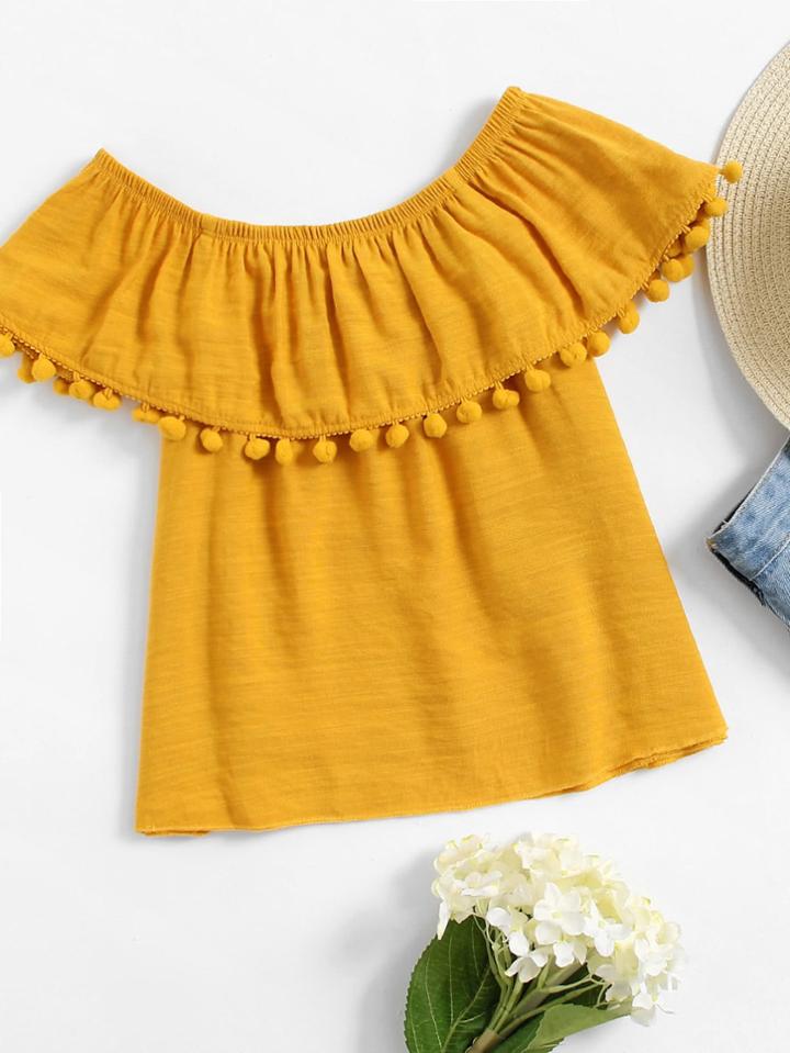 Romwe Flounce Layered Neckline Pom Pom Top