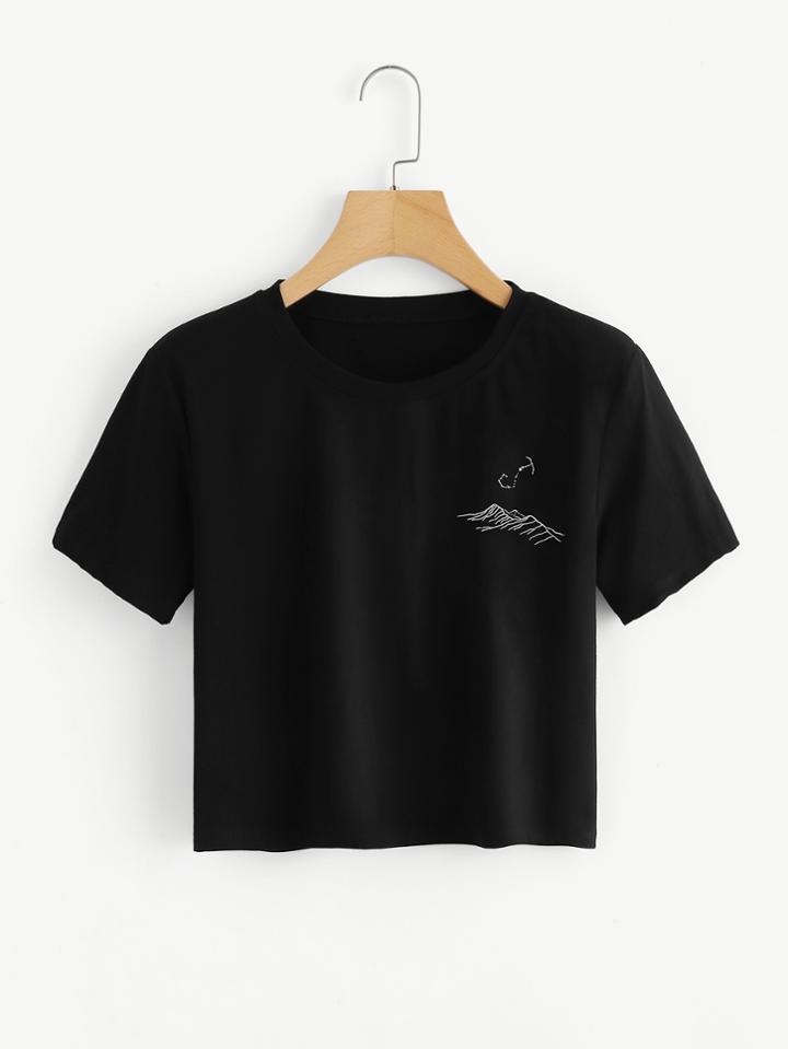 Romwe Graphic Embroidered Crop Tee