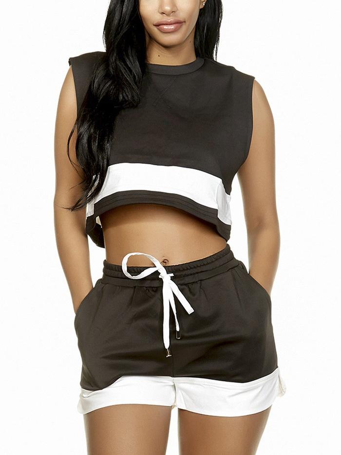 Romwe Brown Trimmed Sleeveless Crop Top With Shorts