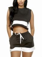 Romwe Brown Trimmed Sleeveless Crop Top With Shorts
