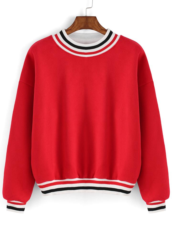 Romwe Striped Loose Red Sweatshirt