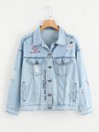 Romwe Letter Embroidered Stitch Detail Ripped Denim Jacket