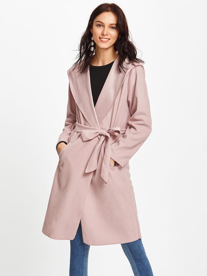 Romwe Hooded Self Tie Wrap Coat