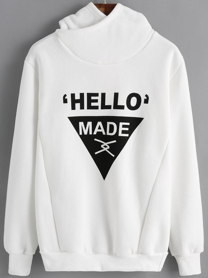 Romwe Hooded Letter Print White Sweatshirt