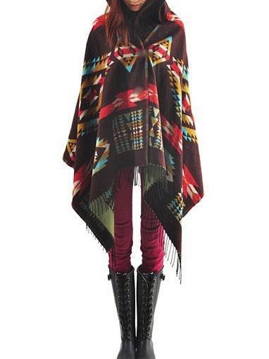 Romwe Hooded Geometric Print Tassel Brown Poncho