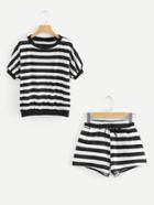 Romwe Round Neck Striped Tee With Shorts