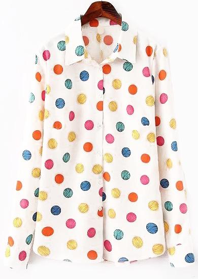 Romwe Lapel Long Sleeve Polka Dot Blouse