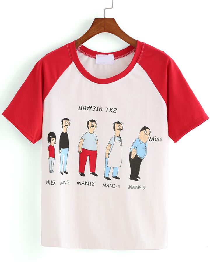 Romwe Contrast Sleeve Cartoon Print Red T-shirt