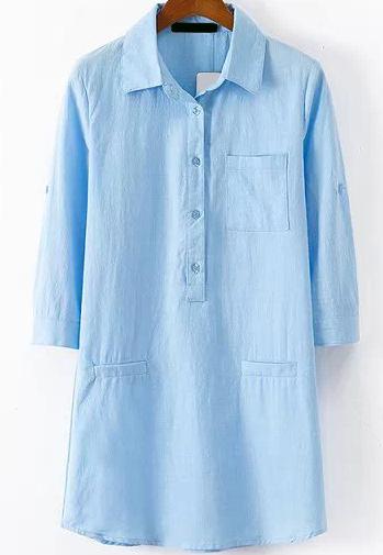 Romwe Lapel With Pocket Blue Blouse