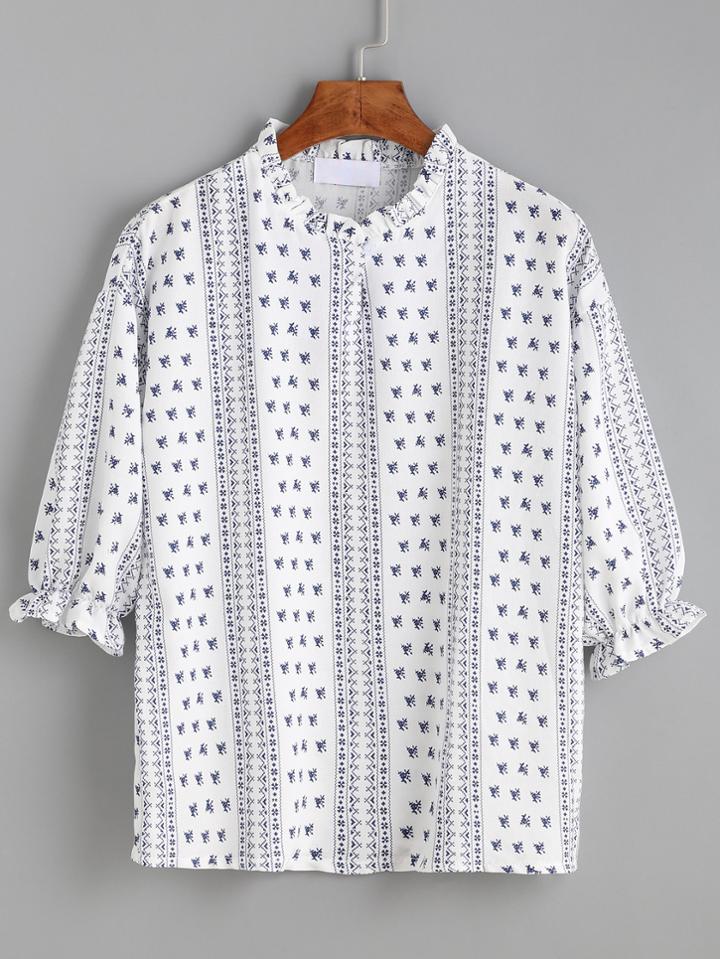 Romwe White Floral Print Buttoned Keyhole Ruffle Blouse