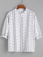 Romwe White Floral Print Buttoned Keyhole Ruffle Blouse