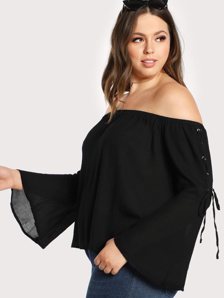 Romwe Off Shoulder Lace Up Sleeves Top