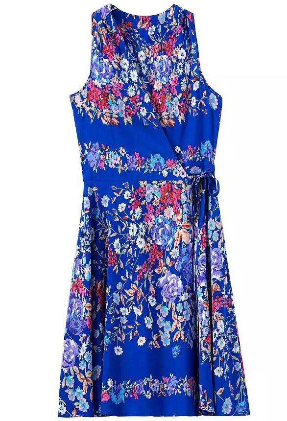 Romwe Blue V Neck Sleeveless Floral Knotted Dress
