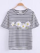 Romwe Black And White Flower Applique Stripe T-shirt