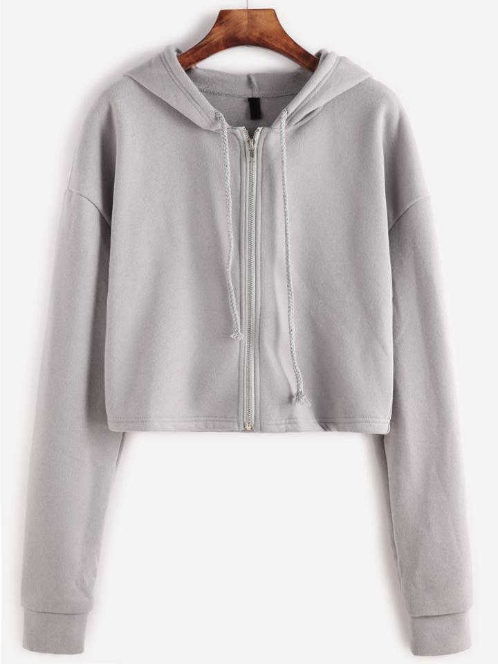 Romwe Grey Dropped Shoulder Seam Zipper Drawstring Hooded Sweatshirt