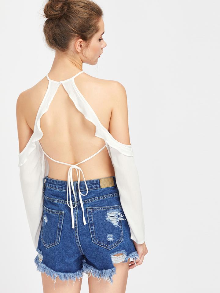 Romwe Halter Open Back Self Tie Detail Frill Top