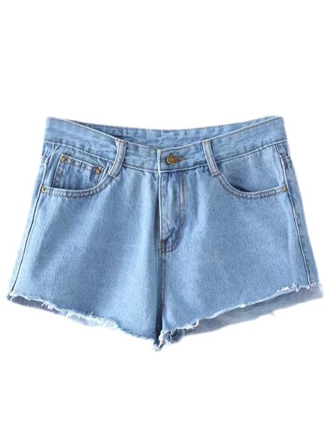 Romwe Blue Pockets Fringed Hem Denim Shorts