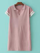 Romwe Pink Lapel Stripe Trim T-shirt