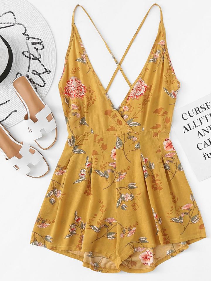 Romwe Criss Cross Back Floral Romper