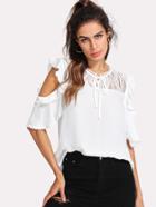Romwe Flounce Embellished Tied Neck Top