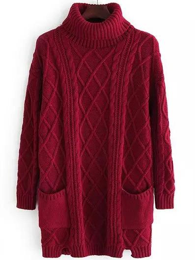 Romwe Turtleneck Cable Knit Pockets Burgundy Sweater