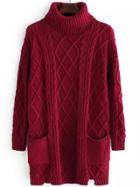 Romwe Turtleneck Cable Knit Pockets Burgundy Sweater