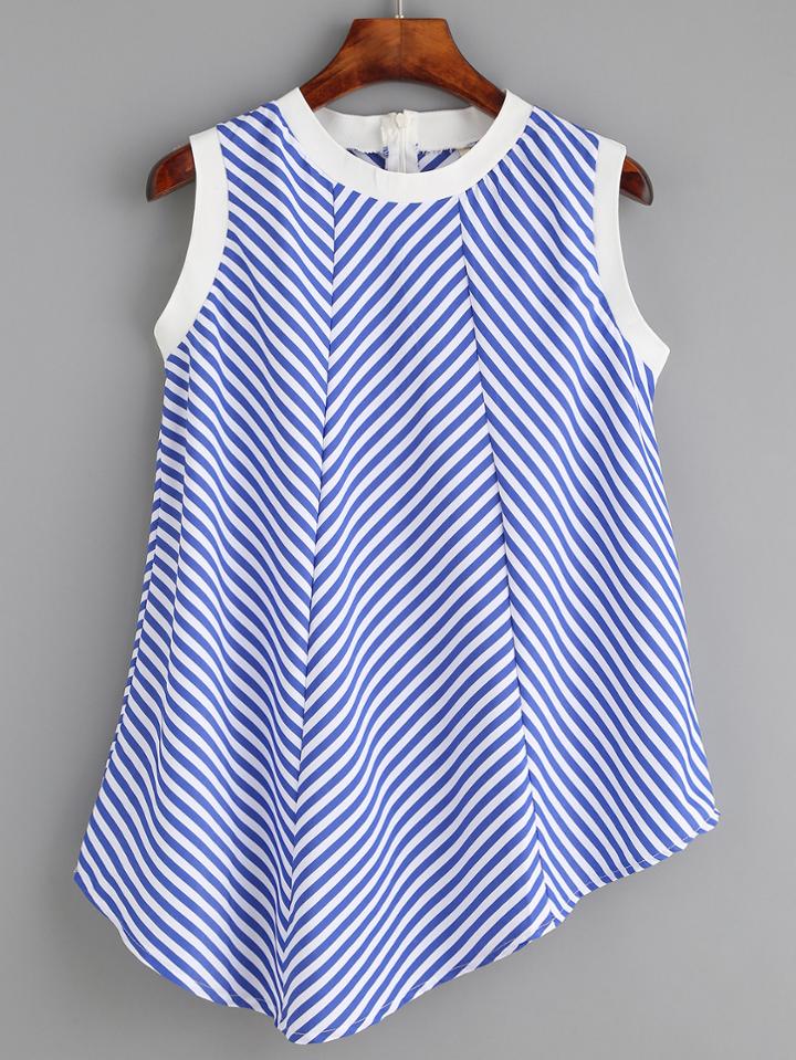 Romwe Blue Mixed Stripe Contrast Trim Asymmetric Top