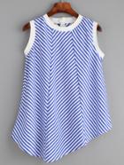 Romwe Blue Mixed Stripe Contrast Trim Asymmetric Top