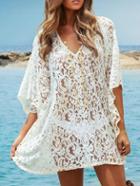 Romwe White V Neck Lace Beach Dress