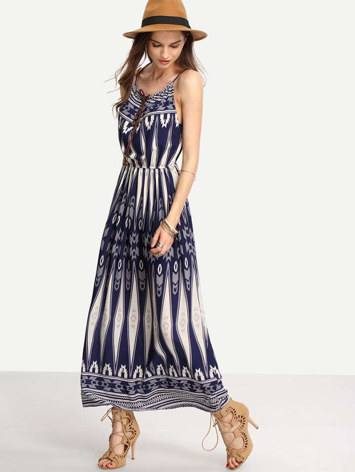 Romwe Blue Tie-neck Tribal Print Cami Long Dress