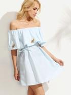 Romwe Blue Embroidered Ruffled Off The Shoulder Dress