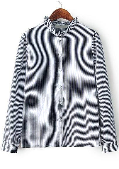 Romwe Fungus Collar Vertical Striped With Buttons Blouse