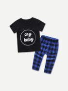 Romwe Letter Print Tee With Check Plaid Pants