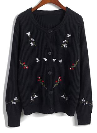 Romwe Floral Buttons Knit Navy Cardigan