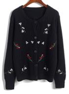 Romwe Floral Buttons Knit Navy Cardigan