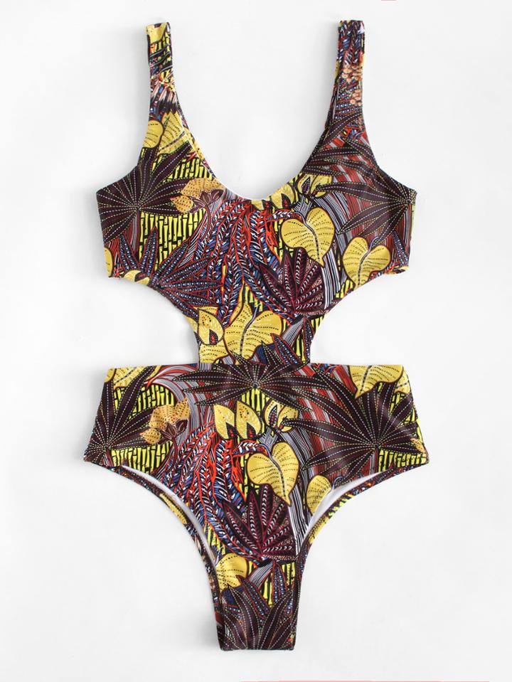 Romwe Jungle Print Cutout Back Swimsuit