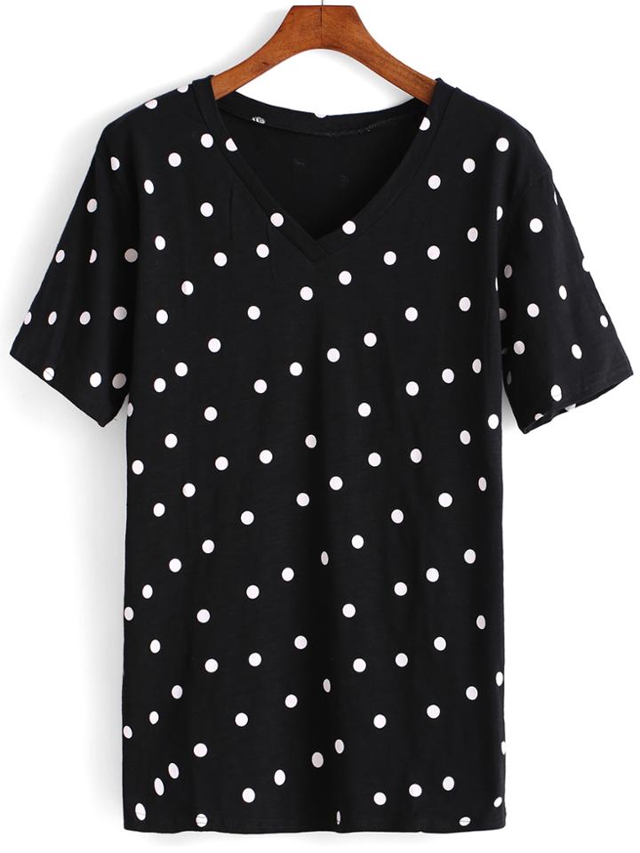 Romwe Polka Dot Loose Black T-shirt
