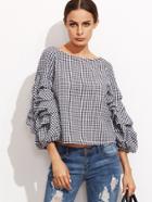 Romwe Black Gingham Billow Sleeve Top